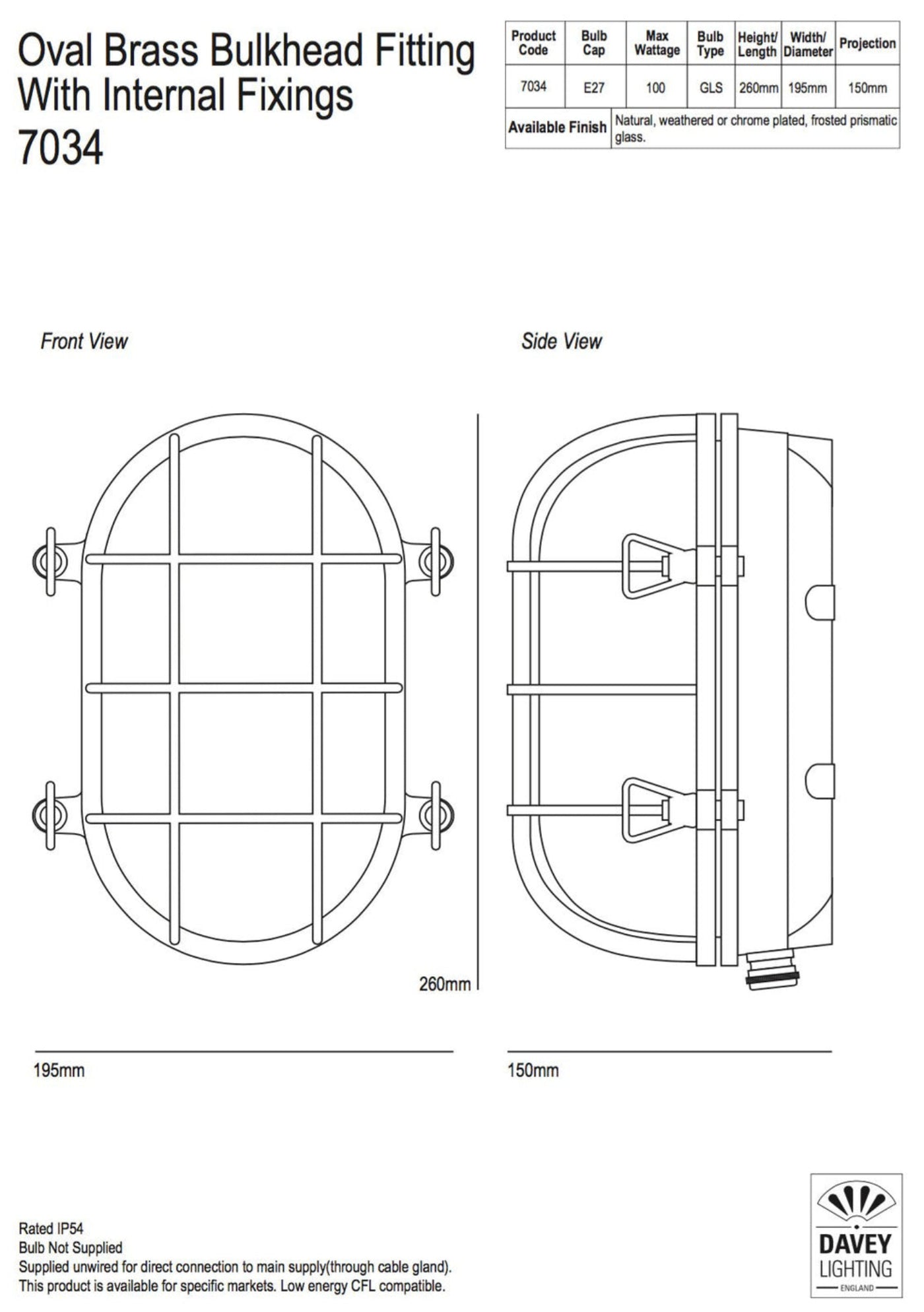Davey Lighting Oval Brass Bulkhead Light 7034