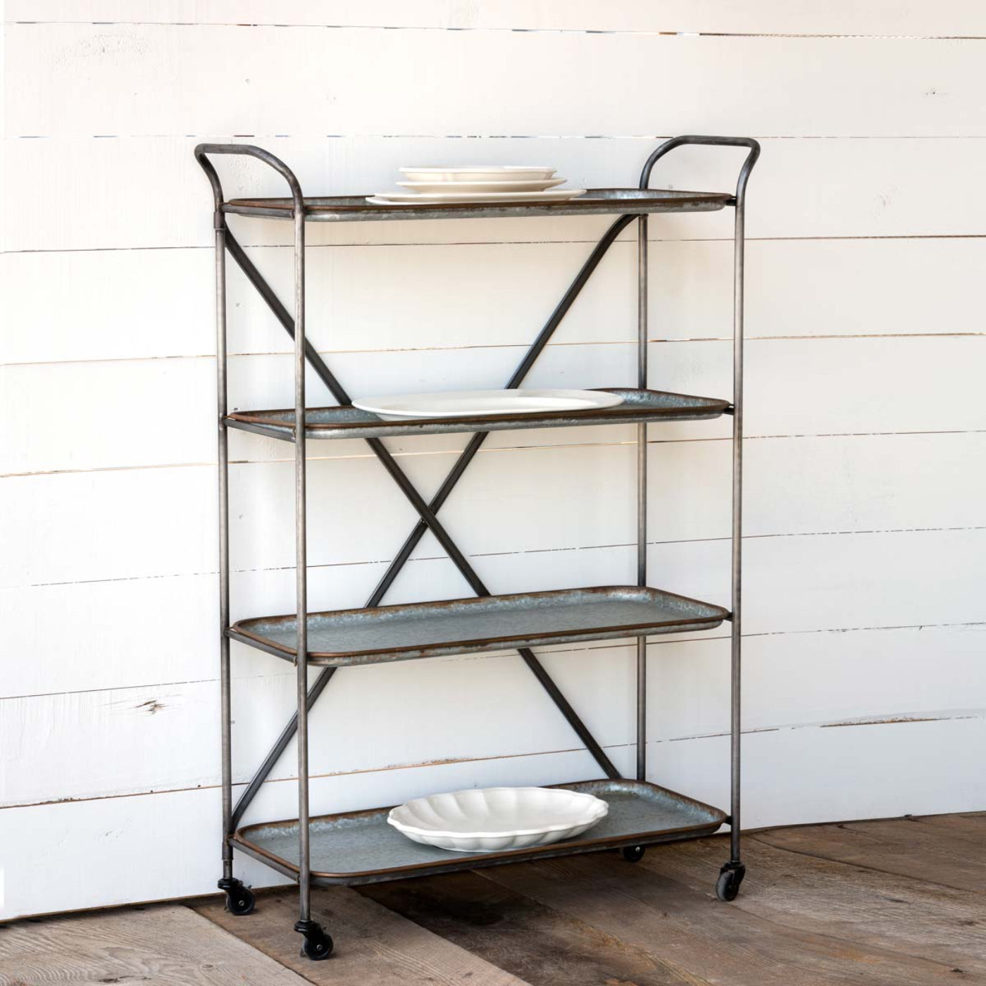 Park Hill Collection Metal Bakery Cart with Casters - Industrial Galvanized Iron Storage Rack with 4 Removable Trays  - EFC81083